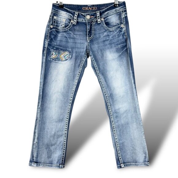 Grace In LA Capri Jeans Womens Sz 26 Blue Embroidered Pockets Distressed Denim - Picture 1 of 13